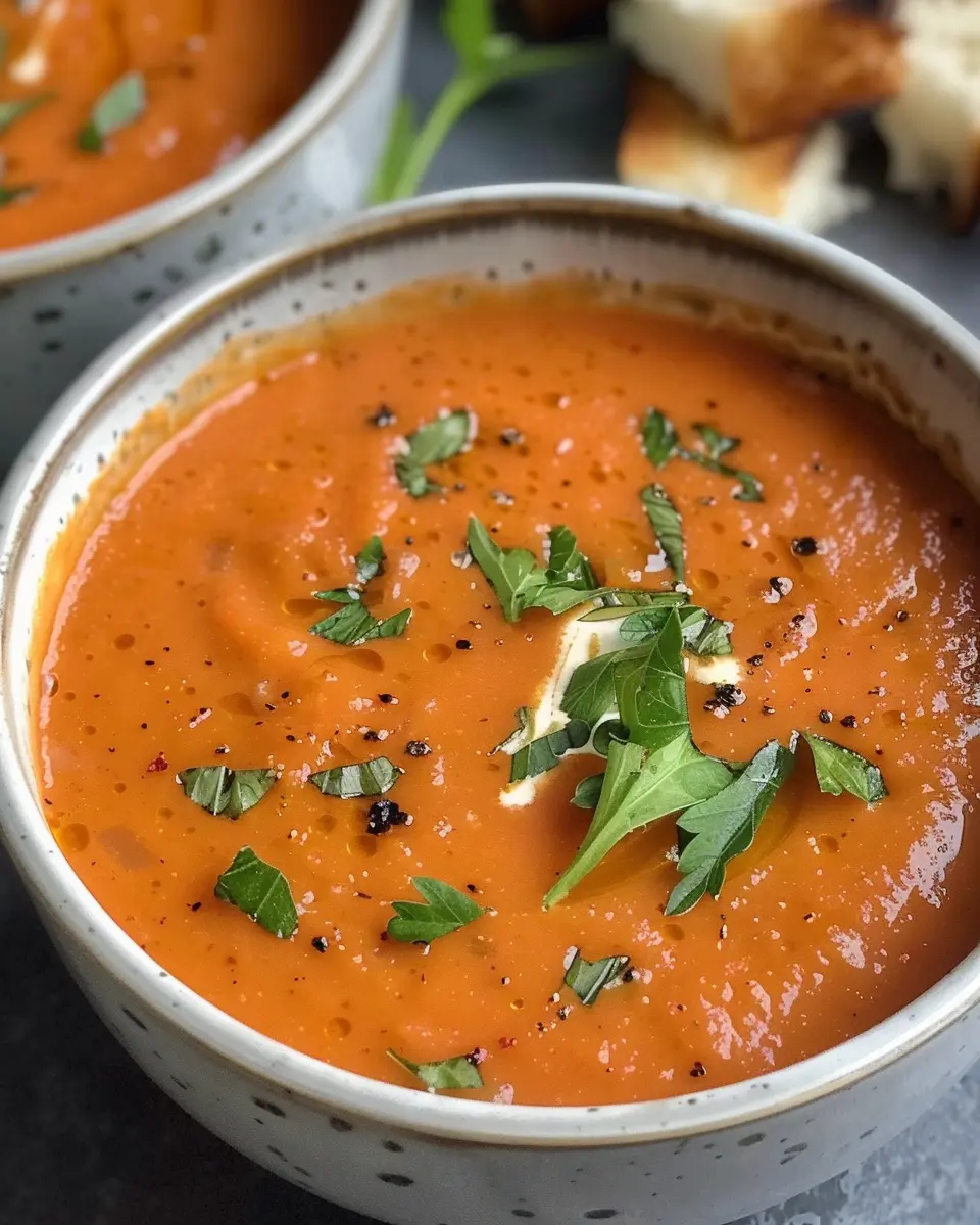 Easy Creamy Tomato Soup Recipe with Turkey Bacon and Fresh Herbs