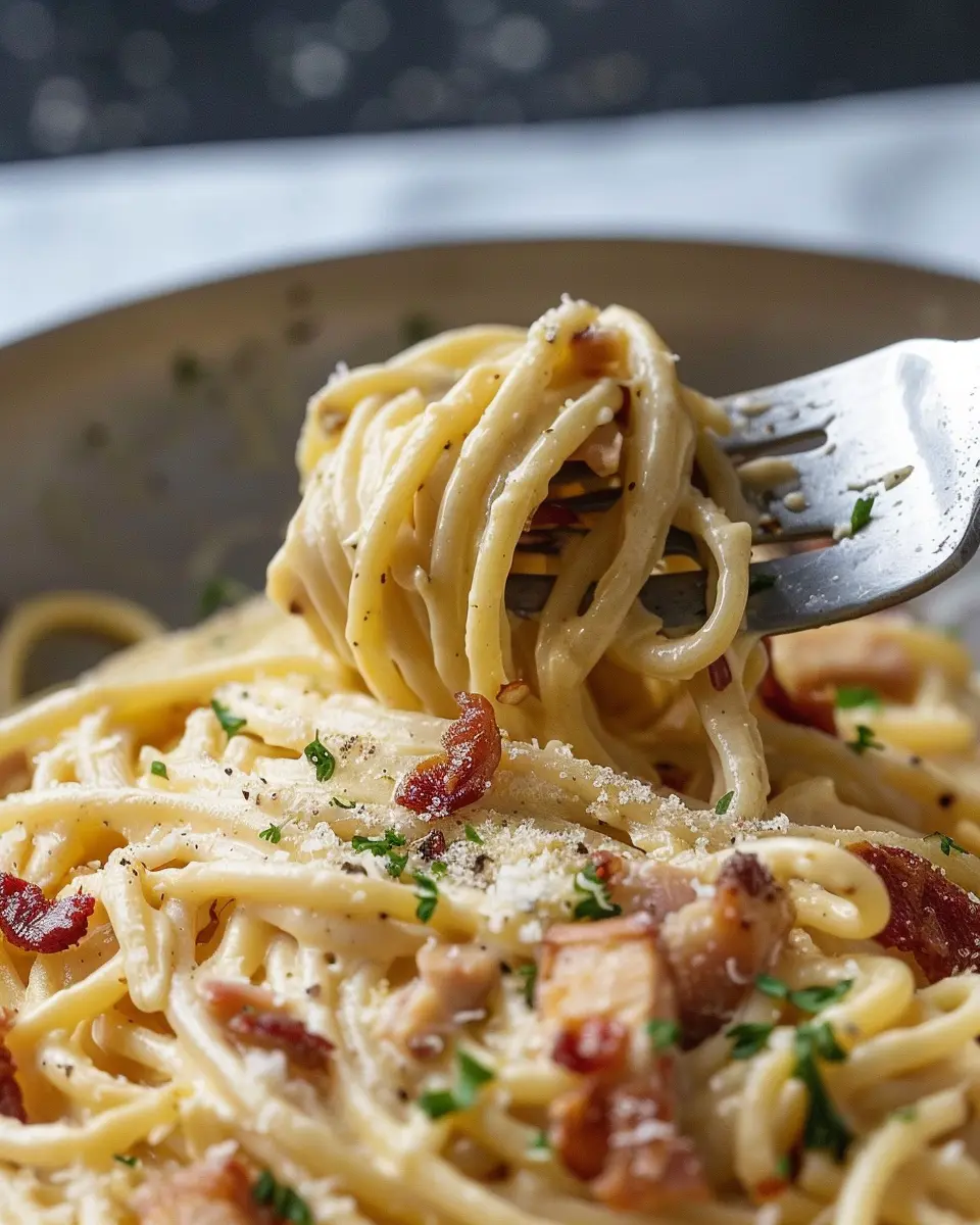 Creamy Carbonara with Turkey Bacon and Chicken Ham Delight