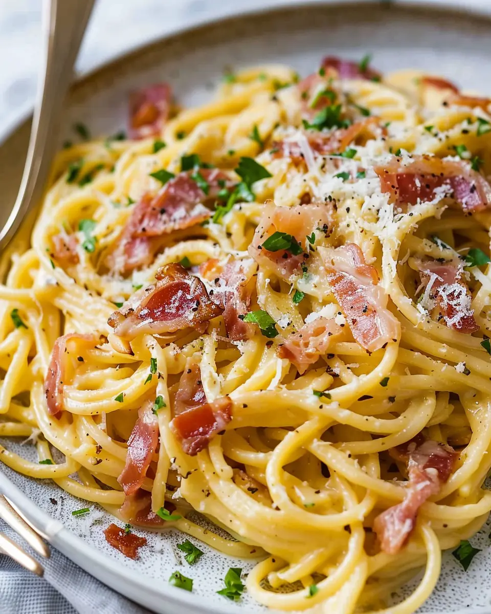 Our bucatini carbonara recipe with turkey bacon and chicken ham