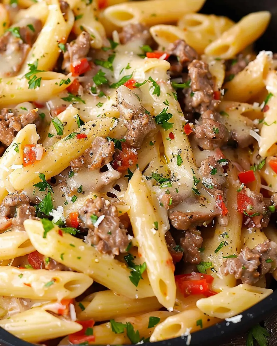 Philly Cheesesteak Pasta: Easy Comfort Food with Turkey Bacon