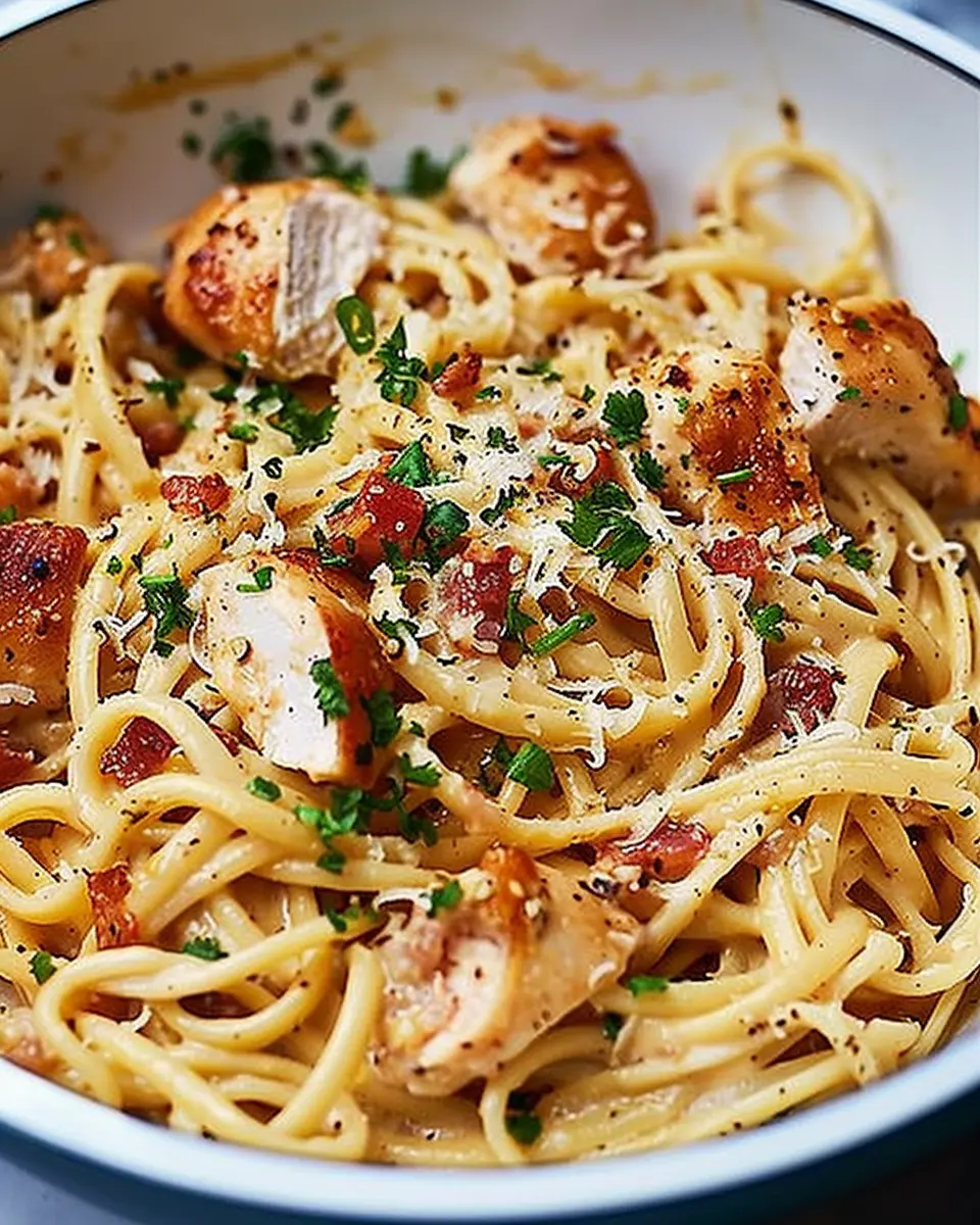 Best Ever Chicken Carbonara with Turkey Bacon and Chicken Ham