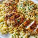 Creamy Garlic Parmesan Chicken with Cheesy Twisted Pasta