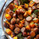 Sheet Pan Sausage and Sweet Potatoes with Honey Garlic Sauce