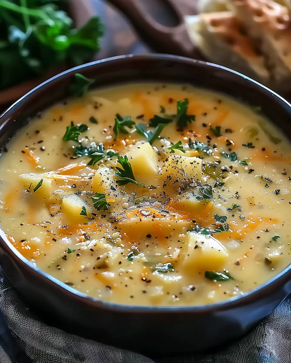 Hearty Cheddar Garlic Herb Potato Soup Recipe with Turkey Bacon