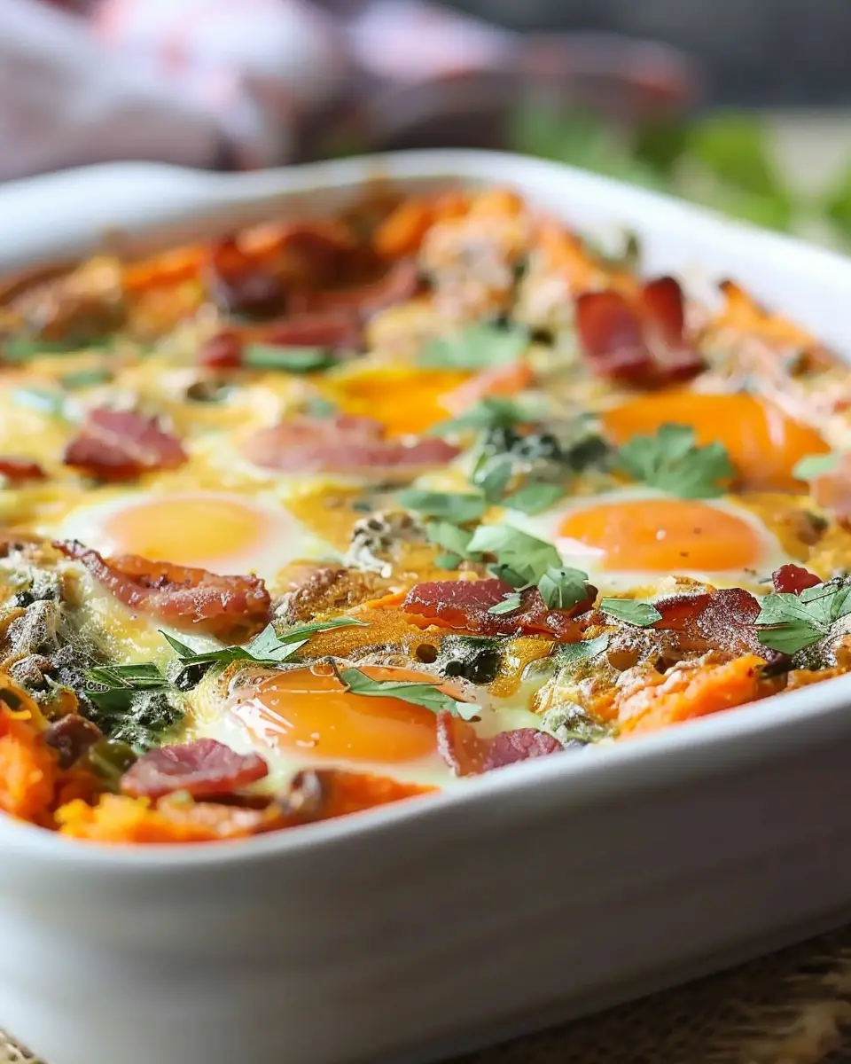 Protein Packed Sweet Potato Egg Casserole with Turkey Bacon Bliss