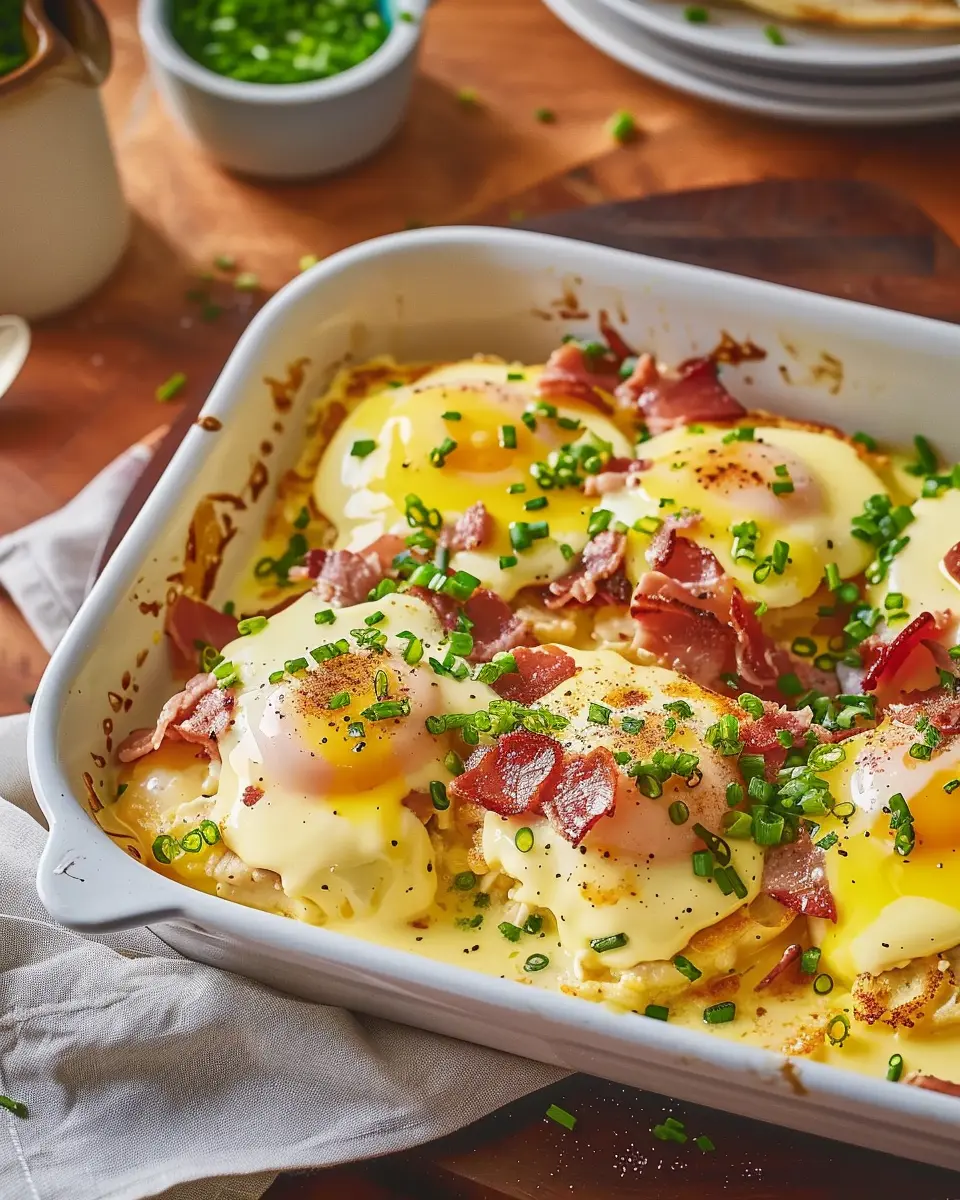 Eggs Benedict Casserole with Turkey Bacon and Chicken Ham Delight